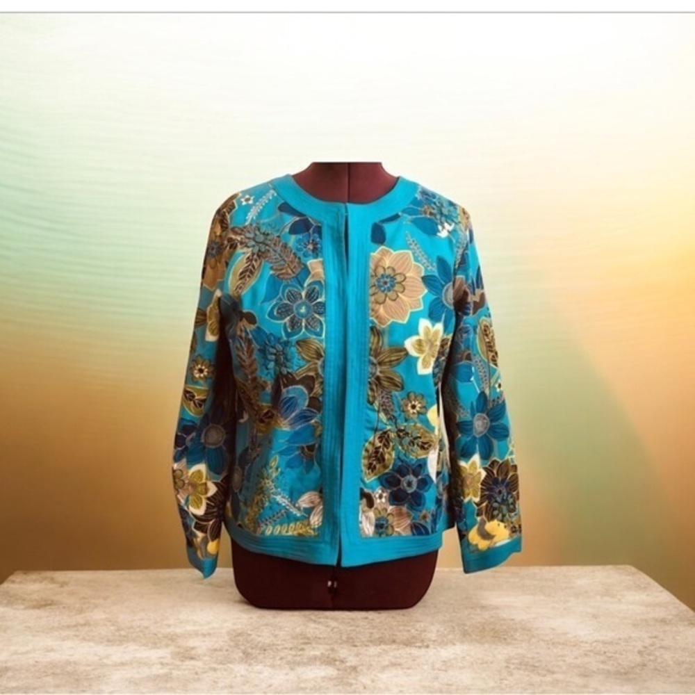 Chico’s jacket turquoise with golden floral design